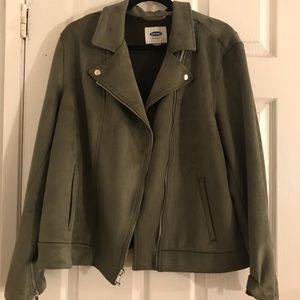 Faux Suede Moto Jacket - Olive Green